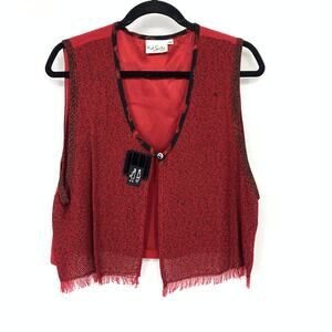 Vintage K.D. Spring Sleeveless Cropped Vest Red Black Fringe Edges Womens Medium